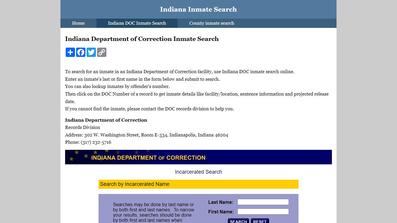 Indiana Department of Correction Inmate Search